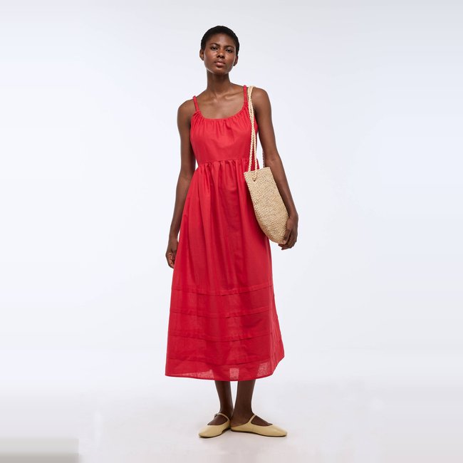 Robe longue à bretelles en coton lin - MONOPRIX