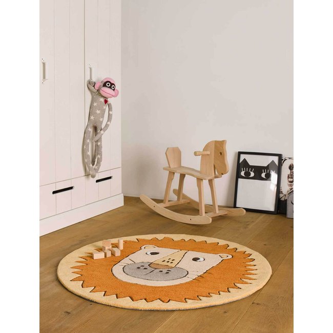 Tapis enfant rond motif lion , LINUS Couleur orange <span itemprop=