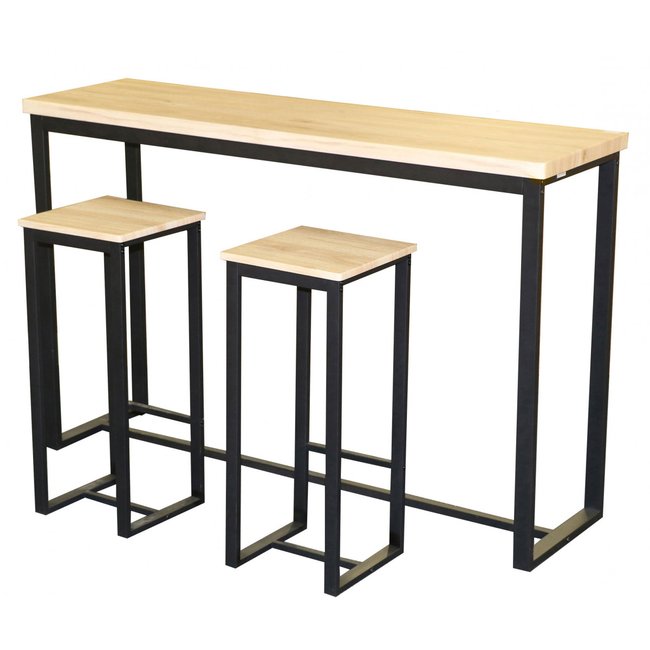 Table de Bar Murale + 2 Tabourets de Bar Bois et Métal Noir Couleur bois <span itemprop=