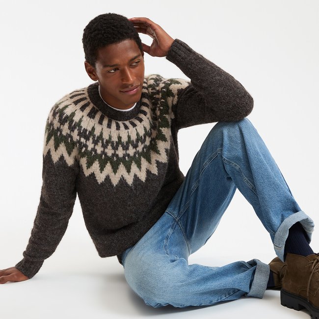 Pull col montant en maille jacquard marron <span itemprop=