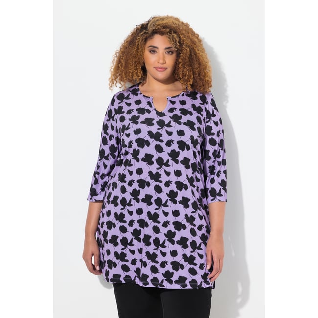 T-shirt long, col tunisien et manches 3/4 lavande <span itemprop=