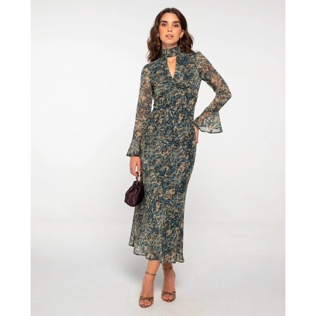 Robe midi imprimée à manches longues et encolure en V avec lacets - THE-ARE