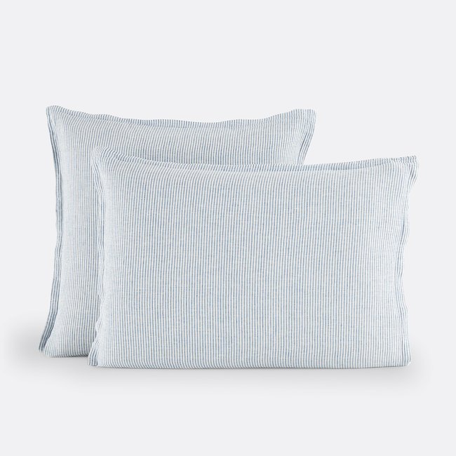 Limona Blue Pillowcase in Washed Linen, blue striped, LA REDOUTE INTERIEURS