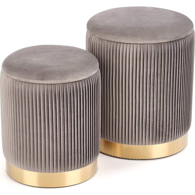 Lot de 2 poufs ronds en velours WEMERRA Couleur gris beige et doré <span itemprop=