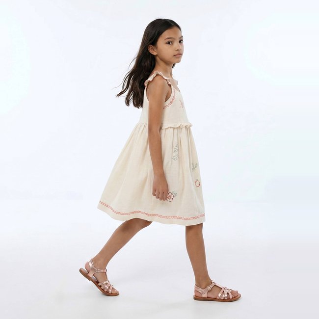 Robe à bretelles brodée en coton amaretti <span itemprop=