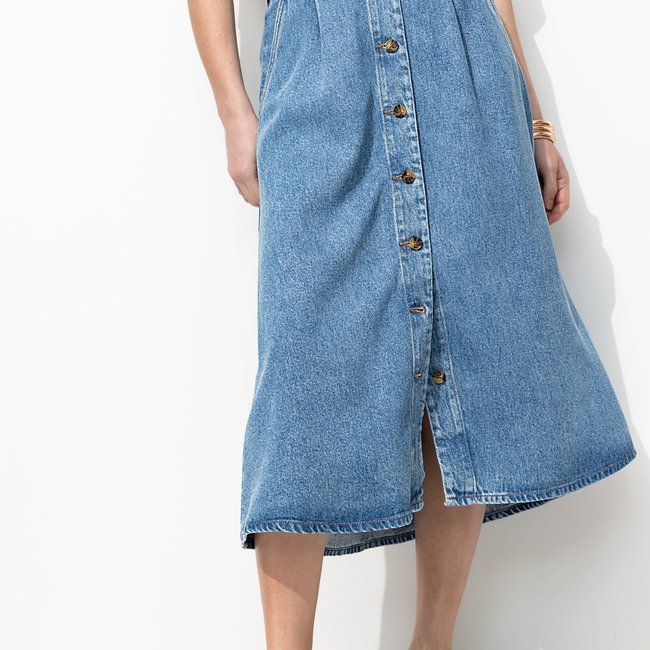 Jupe midi en lyocell jean clair <span itemprop=