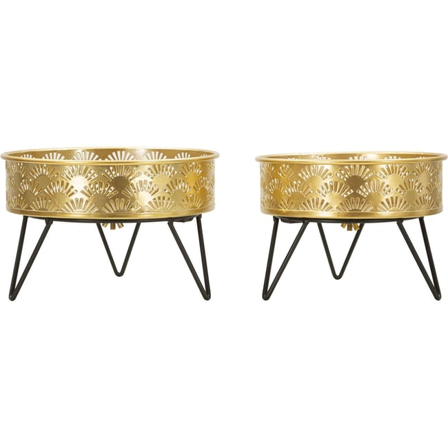 Cache-pots en fer motif ajouré lot de 2 GLAM Couleur noir et doré <span itemprop=