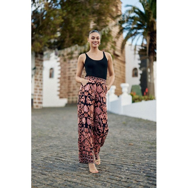 Pantalon imprimé, large et fluide, PAVIA imprimé noir/rose <span itemprop=