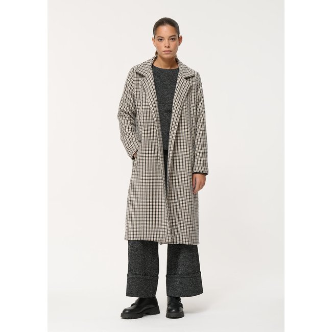 Manteau long motif pied-de-poule gris <span itemprop=