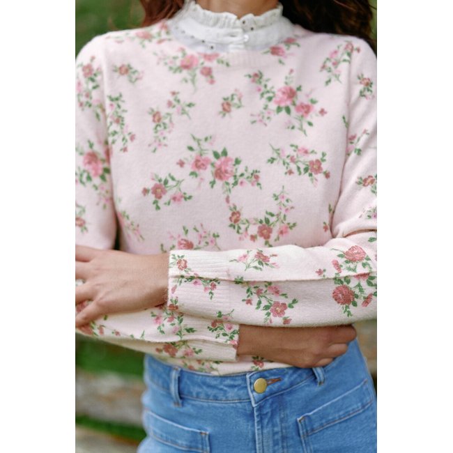 Pull col rond manches longues imprimé fleuri MARIE imprimé rose <span itemprop=