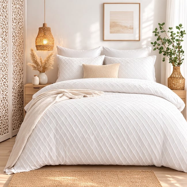 Housse De Couette 260x240 + 2 Taies D'oreiller Marla Tufté Microfibre blanc <span itemprop=