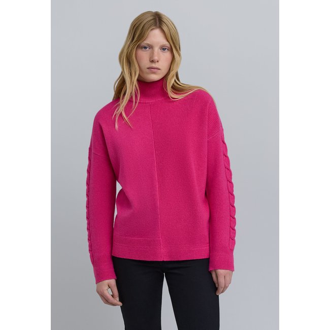 Pull tricot boutons bijou épaule rose fuchsia <span itemprop=