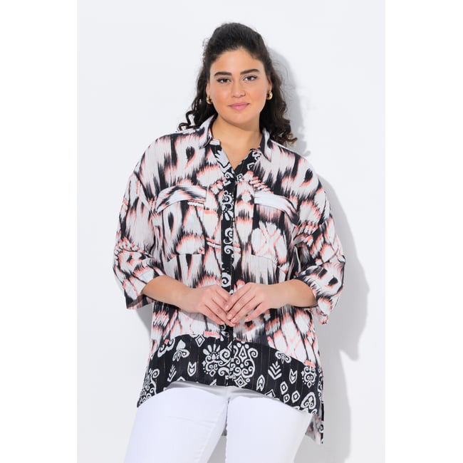 Tunique longue, col chemise, manches 3/4 corail <span itemprop=