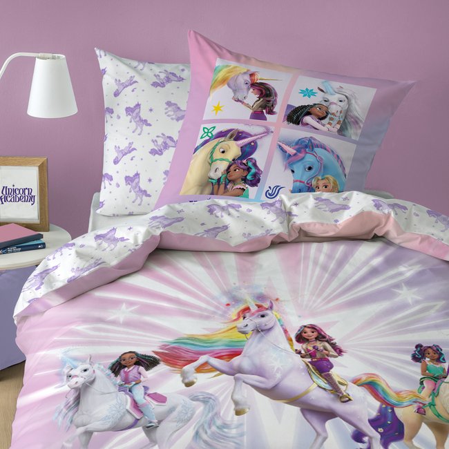 Parure de lit imprimée, L'ÉCOLE DES LICORNES, UNICORN ACADEMY STARS violet <span itemprop=