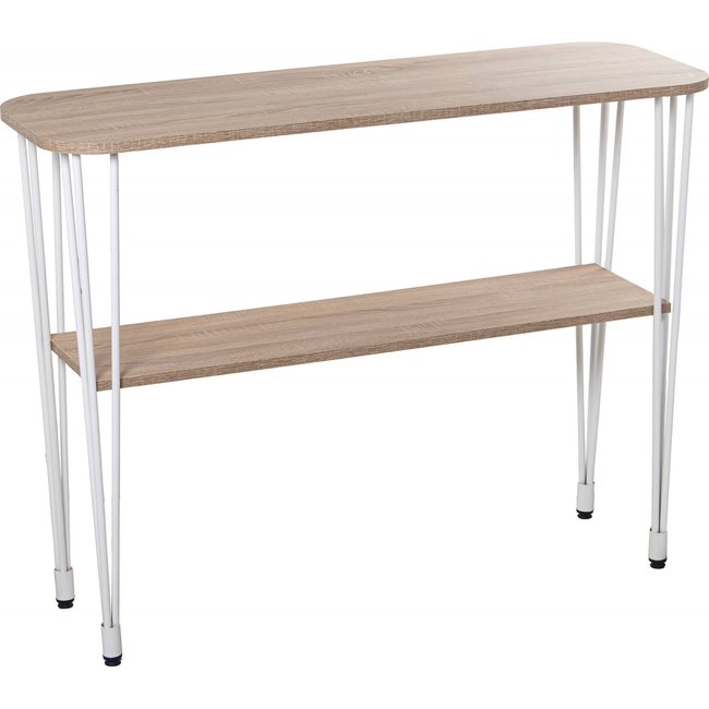 Console en bois et métal, élégante Couleur chêne clair avec pieds en métal blanc <span itemprop=
