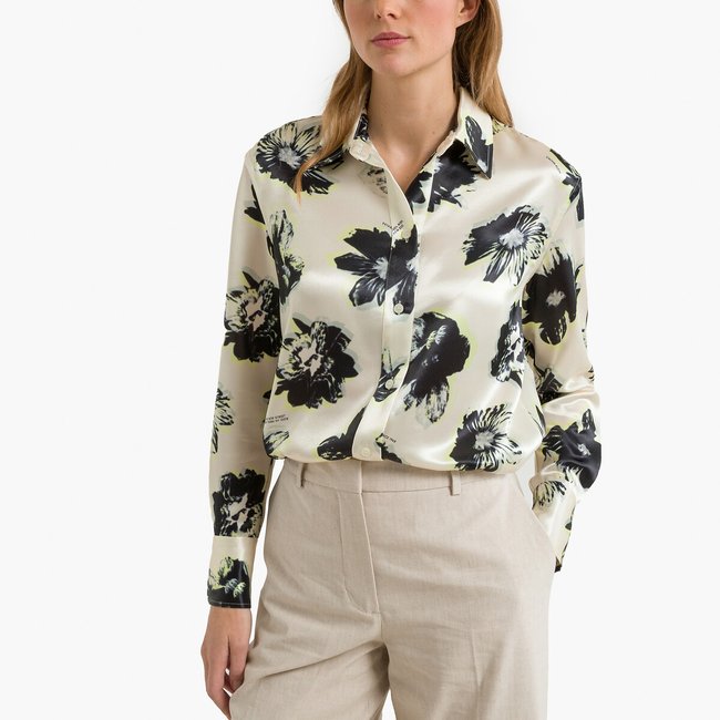 Geblümte Bluse mit langen Ärmeln weiss/schwarz bedruckt <span itemprop=