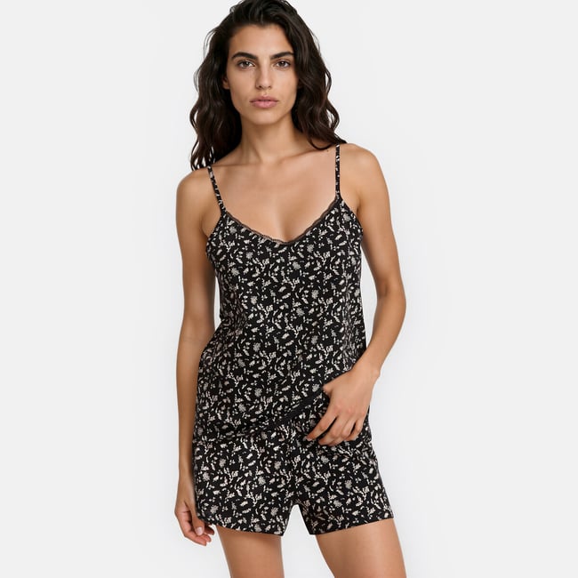 Pijama-calção com estampado floral, em jersey de algodão estampado flores fundo preto <span itemprop=