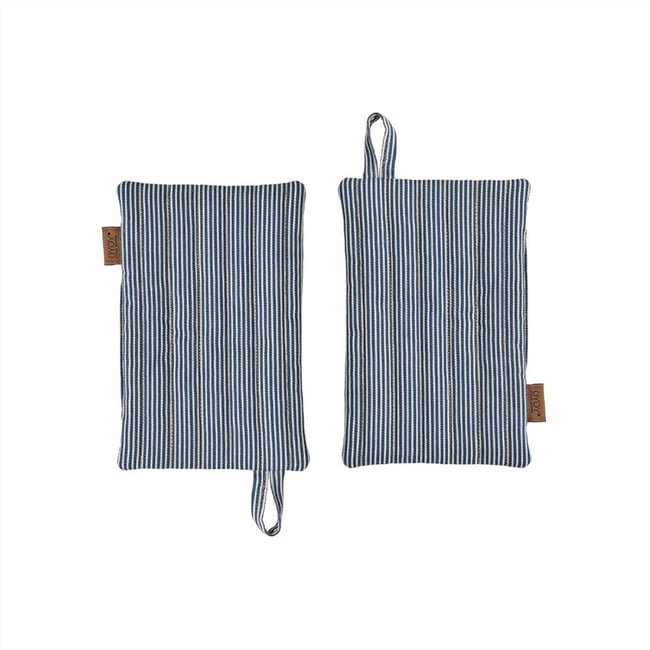 Lot de 2 maniques en coton à rayures bleu beige <span itemprop=