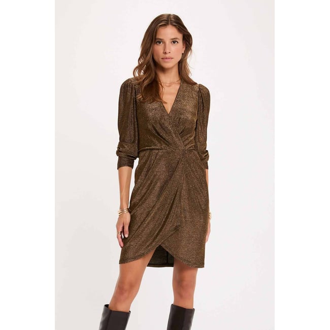 Robe ajustée drapée fils métallisés jaune or <span itemprop=