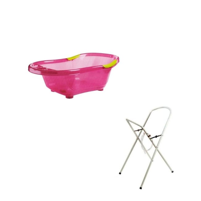 Baignoire bébé rose pailletée translucide avec vidange + support à pied rose <span itemprop=