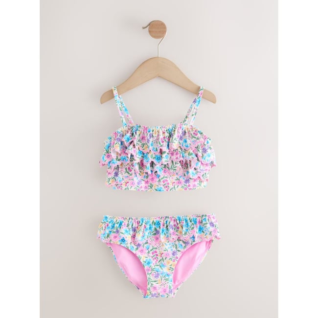 Bikini volanté petits motifs floraux roses et jaunes <span itemprop=