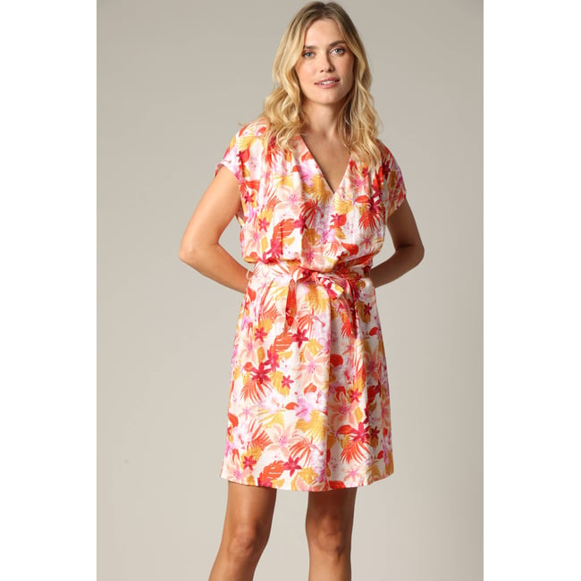 Robe exotique en viscose avec imprimé tropical PIA corail <span itemprop=