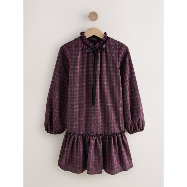 Robe courte à manches longues avec volants bordeaux check <span itemprop=