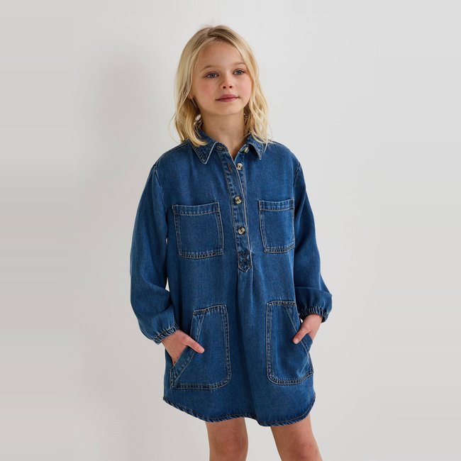 Robe droite en jean à col chemise stone denim <span itemprop=