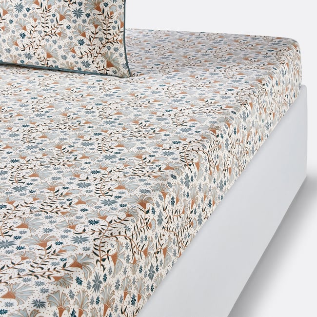 Drap housse percale de coton Kalyan imprimé fleurs <span itemprop=