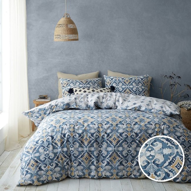 Inara Ikat 100% Cotton Duvet Cover and Pillowcase Set, indigo blue, PINEAPPLE ELEPHANT