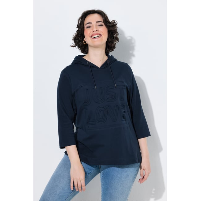 Sweat-shirt à capuche, motif et manches 3/4 marine <span itemprop=