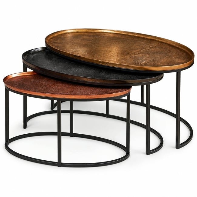 Table basse gigogne ovale aluminium 3 finitions (lot de 3) KANO Couleur noir <span itemprop=