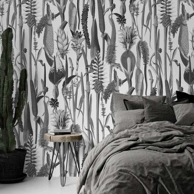Papier peint botanique avec plantes et fleurs tropicales - 85x260 cm (l x h) Couleur noir <span itemprop=