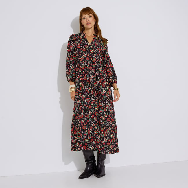 Robe longue imprimé floral noir <span itemprop=
