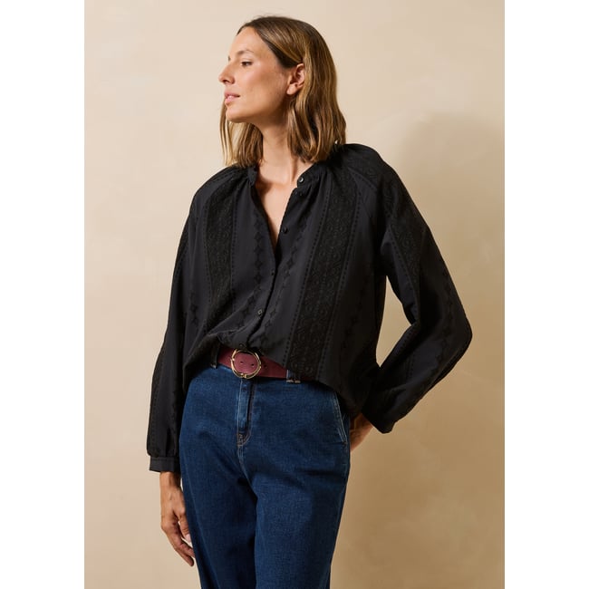 Chemise manches longues col rond en jacquard noir <span itemprop=
