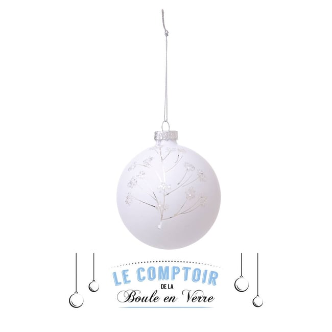 Boule de noël 70mm blanc chaud paillette blanc en verre Couleur blanc <span itemprop=