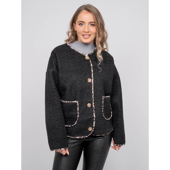 Veste Courte En Lainage Bouclé Biais Léopard Ubila - DONA LISA