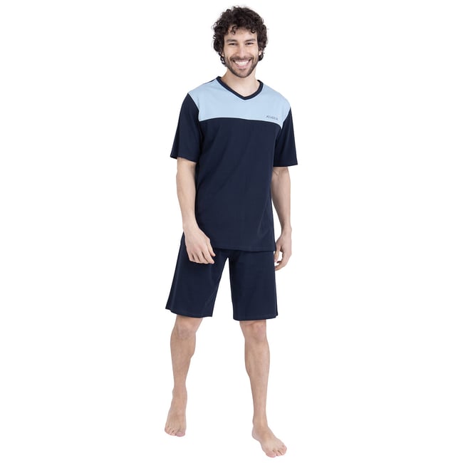 Pigiama corto in cotone, con collo a V blu/marine ATHENA