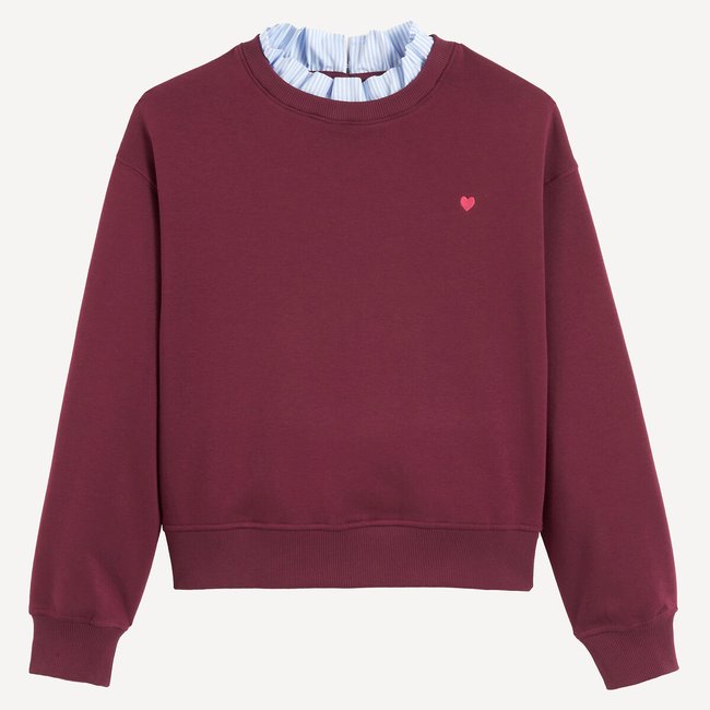 Sweat avec col volanté en tissu et coeur sur la poitrine bordeaux <span itemprop=