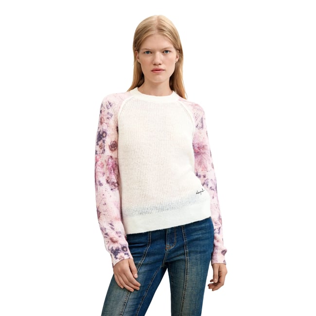 Pull à manches imprimées beige <span itemprop=
