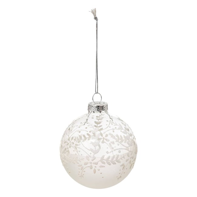 Boule de Noël en verre fleurs et branche blanche D. 80 mm Couleur blanc <span itemprop=