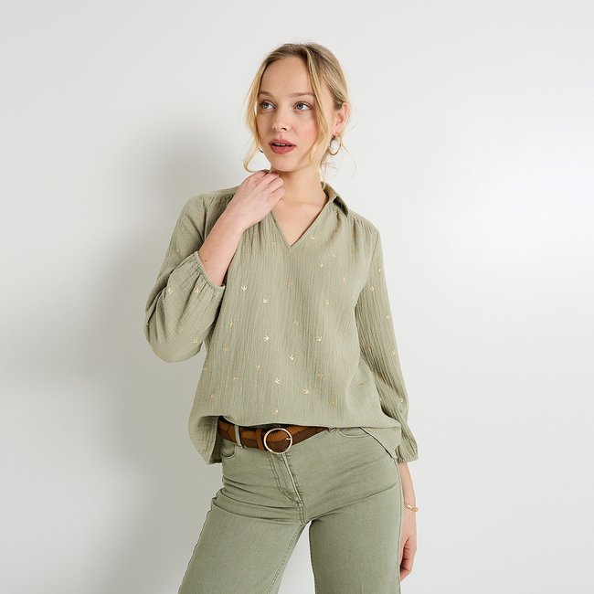 Blouse en gaze de coton vert kaki <span itemprop=
