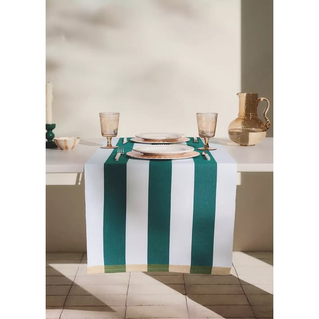 Chemin de table 100 % coton à rayures en fil teint vert <span itemprop=
