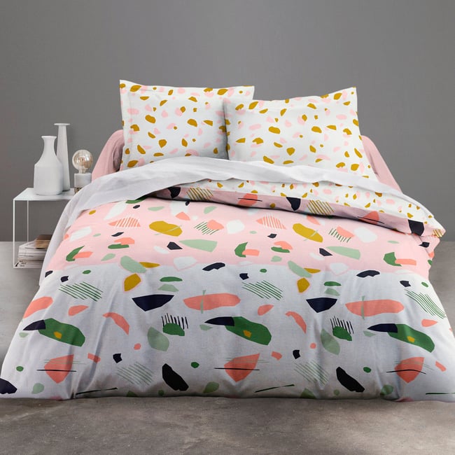 Parure housse de couette imprimée coton, MARBREE rose <span itemprop=