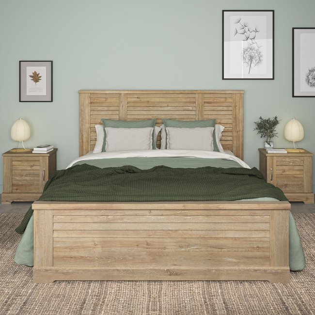 Lit avec ses 2 chevets Couleur bois clair <span itemprop=