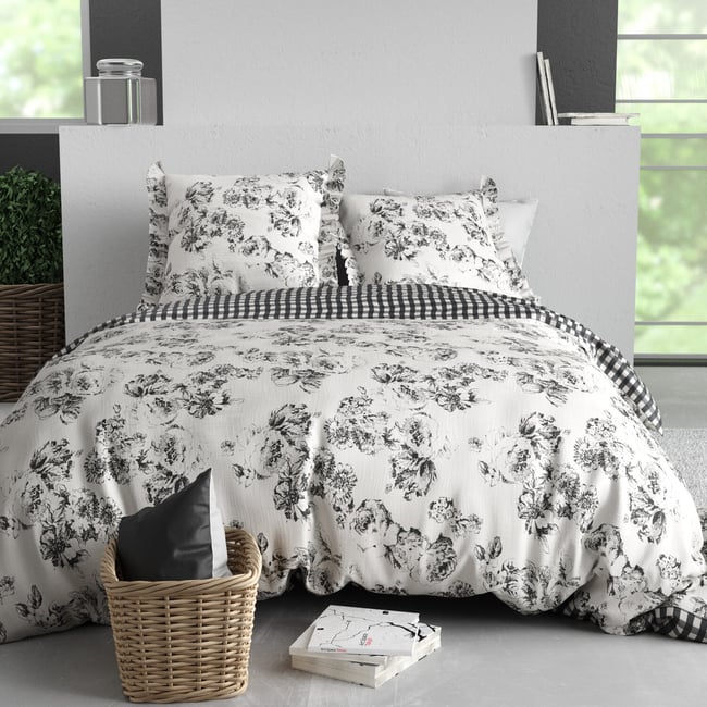 Parure housse de couette en coton imprimée, Ornella noir <span itemprop=