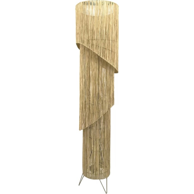 Lampadaire rond en raphia trois points de lumière Couleur naturel fibre de raphia beige <span itemprop=