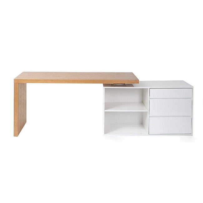 Bureau modulable design blanc brillant et bois clair frêne L160-235 cm NEW MAX Couleur blanc <span itemprop=