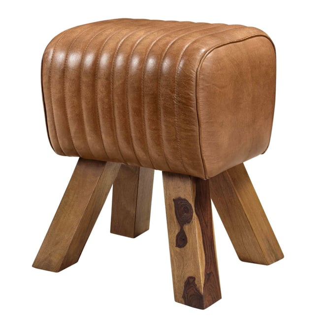 Tabouret en cuir de manguier - MORENA Couleur marron vieilli et pieds bois <span itemprop=