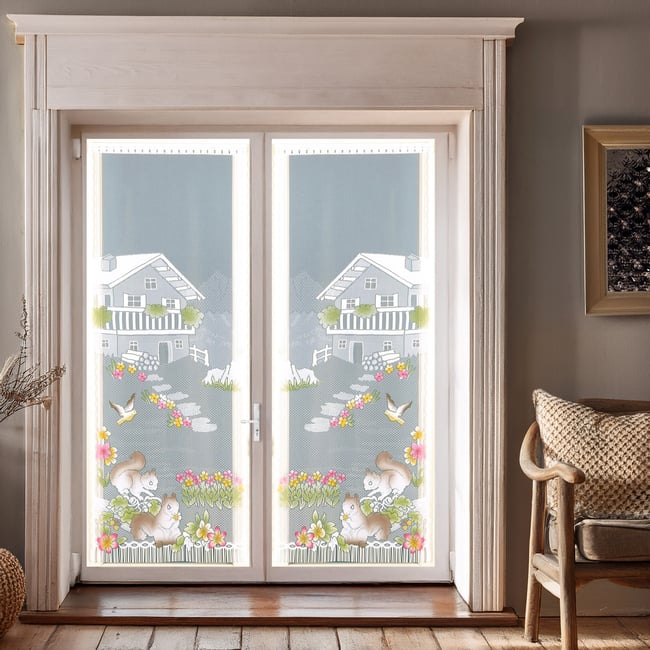Paire de vitrages frangés en dentelle chalet et animaux vert <span itemprop=